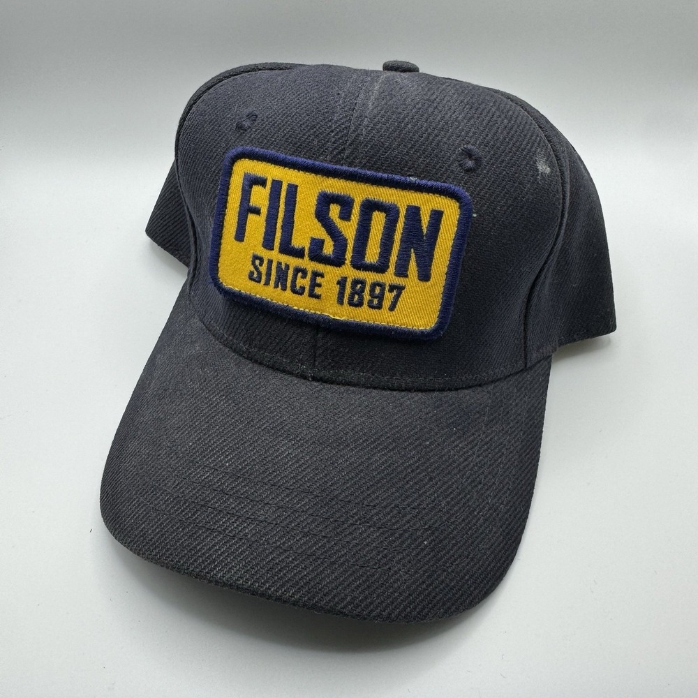 Filson Navy Blue Strap back Hat Yellow Patch‎ Logo Outdoors Workwear